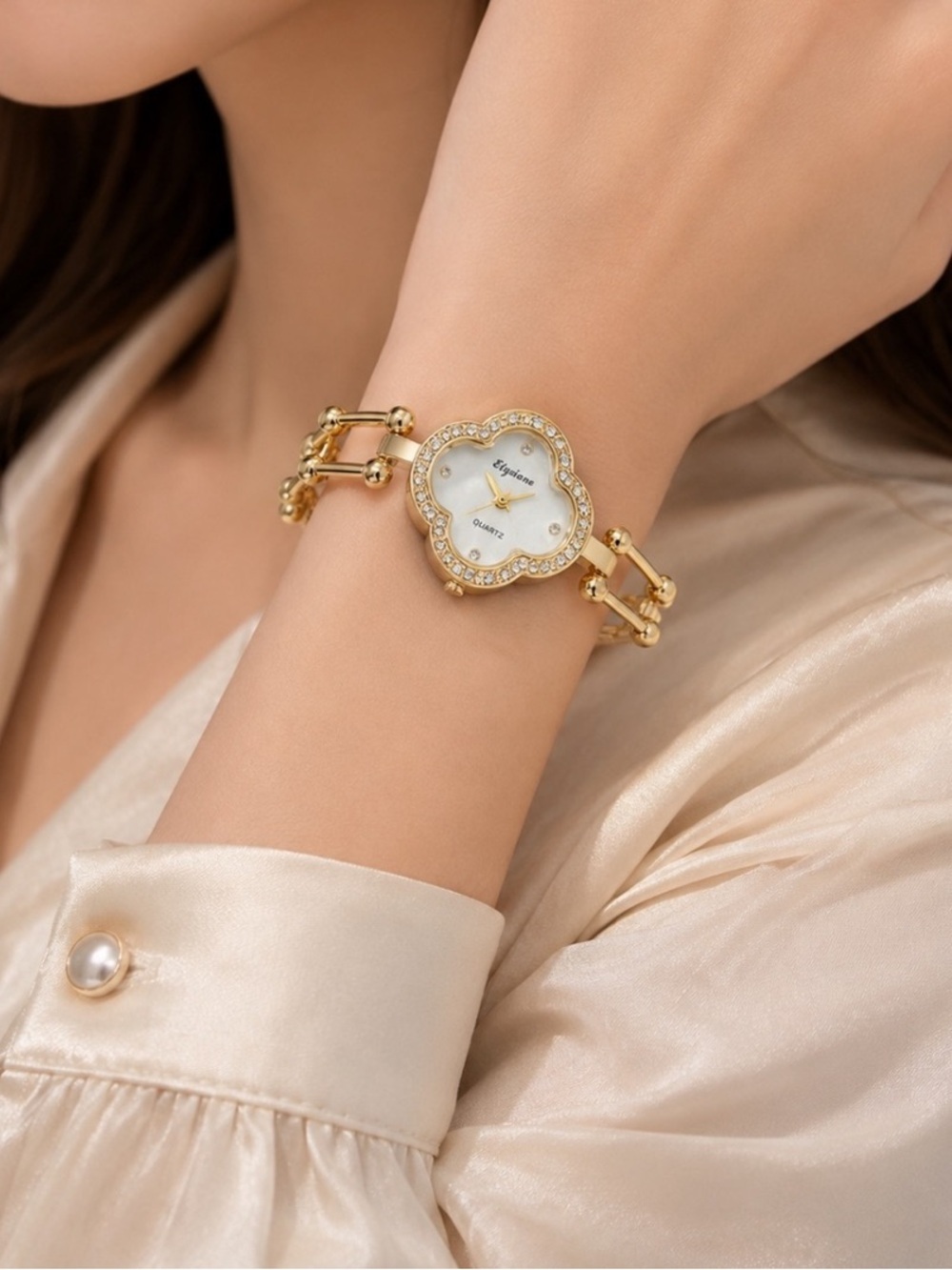 Golden Crystal-Accent Flower Bracelet Watch - Picture 2 of 4